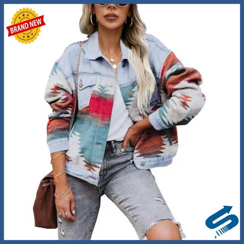 Vintage Distressed Denim Jacket Shacket Aztec Print Button Down